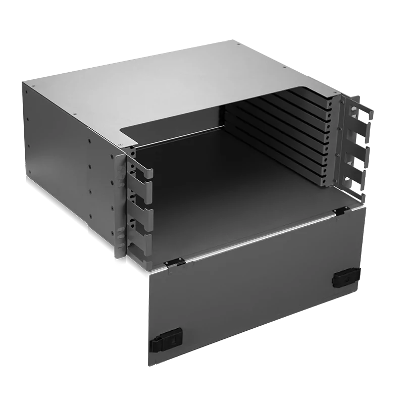4U Rack Mount Shuffle Box Enclosure for 8×0.5U MPO Shuffle Boxes (Up to 1024 Fibers) High-Density Fiber Management view 4