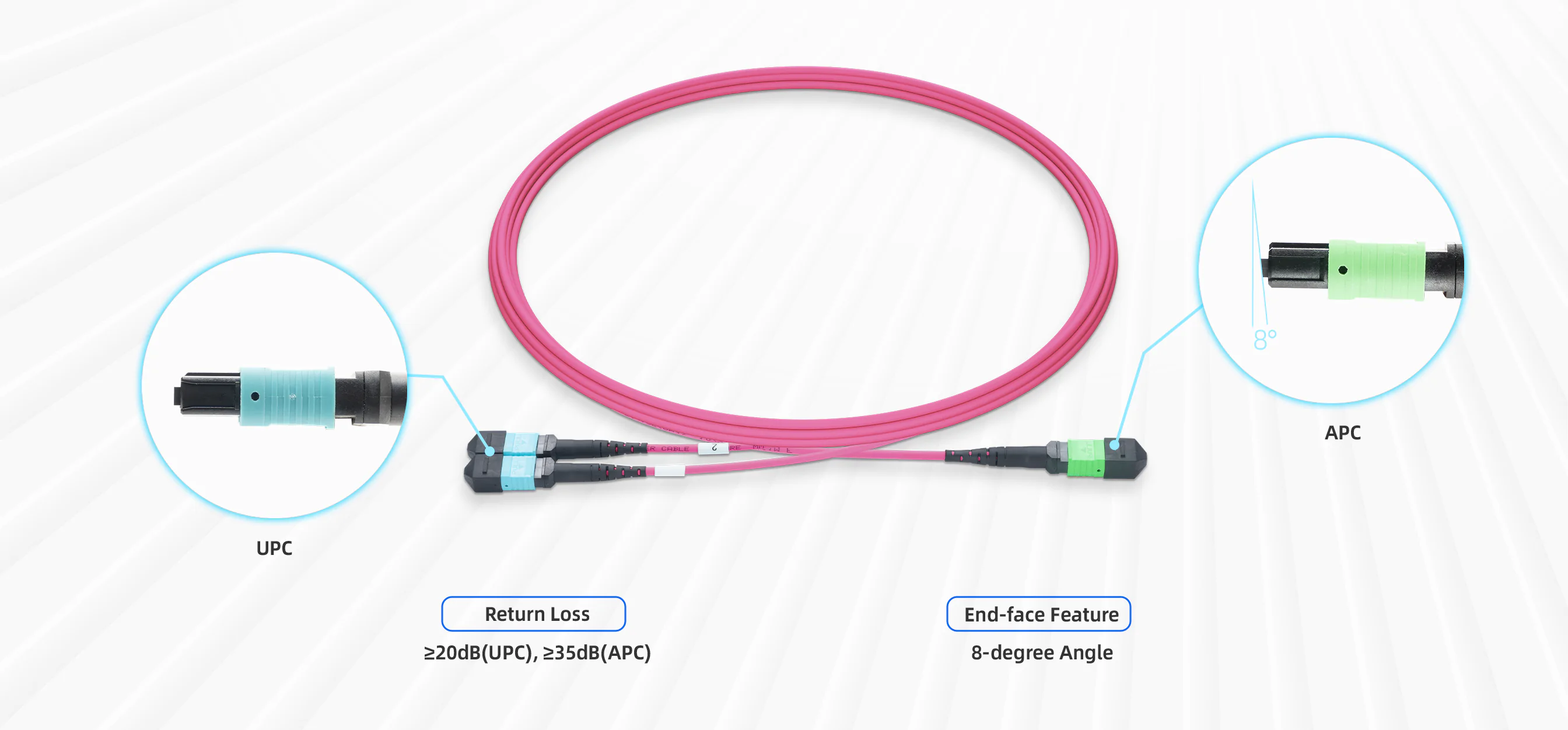 10m (33ft) MPO-16 APC Female to 2 MPO-8 UPC Female Multimode Passive Splitter Fiber Cable detail