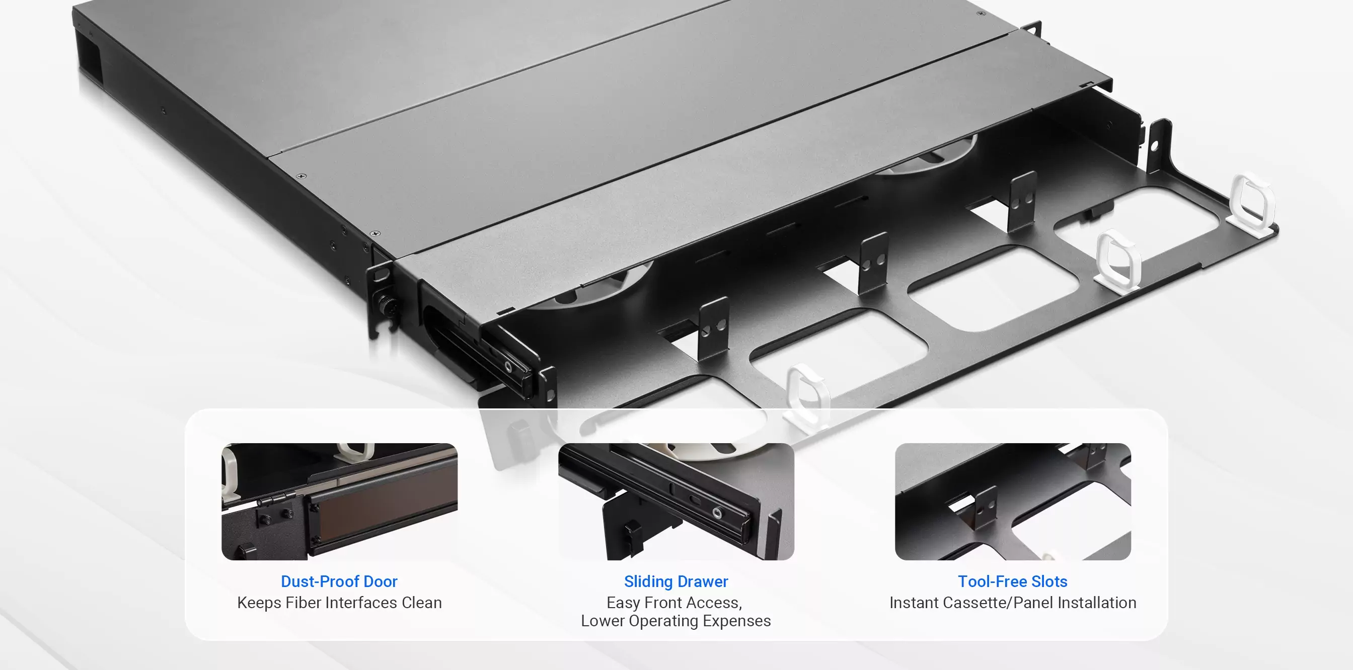 FEN-1U4SD 1U sliding fiber enclosure holds up to 4 panels/cassettes for up to 1152 fibers detail
