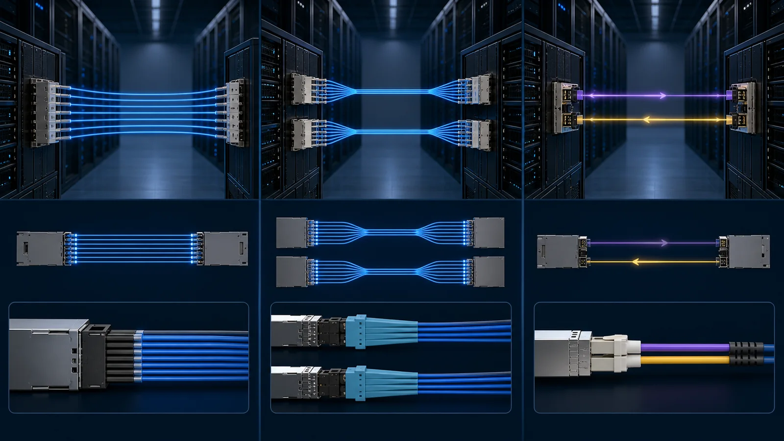 Technical concept diagram comparing 800G DR8, dual-DR4 and dual-FR4 optical architectures; not product-specific evidence.