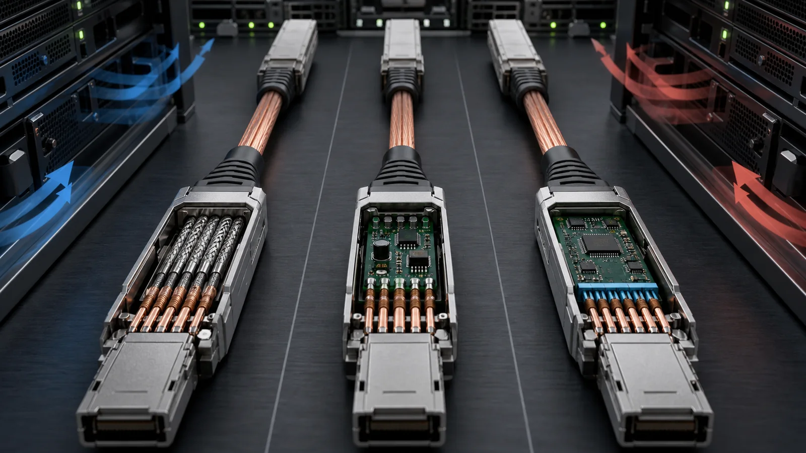 Technical cutaway diagram comparing passive DAC, linear ACC and DSP-based AEC cable electronics; not product-specific evidence.